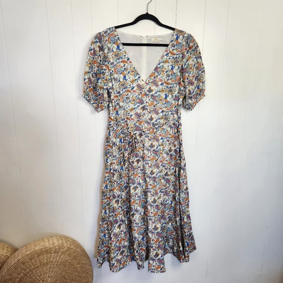 Boden Linen Blend Midi Dress Puff Sleeve A-Line Floral Boho Print V-Neck Size 14 - Picture 4 of 16